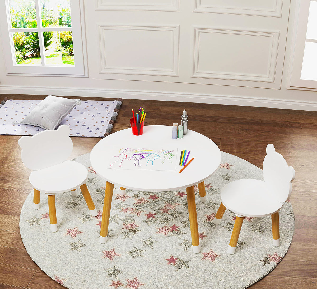 UTEX Kids Wood Table and Chairs Set in white, sturdy for daily play.