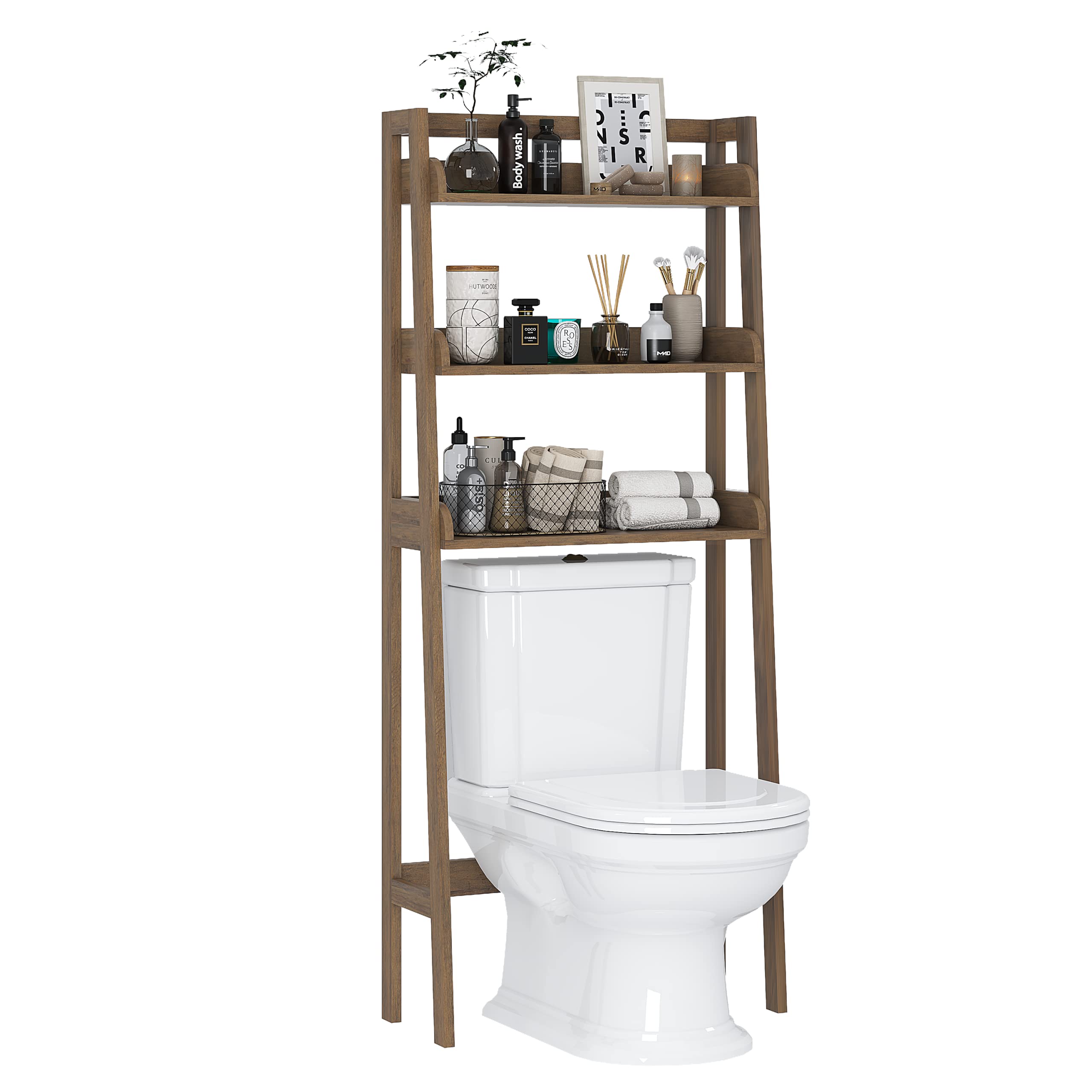 UTEX over-the-toilet shelf front view showing three-tier storage for towels.