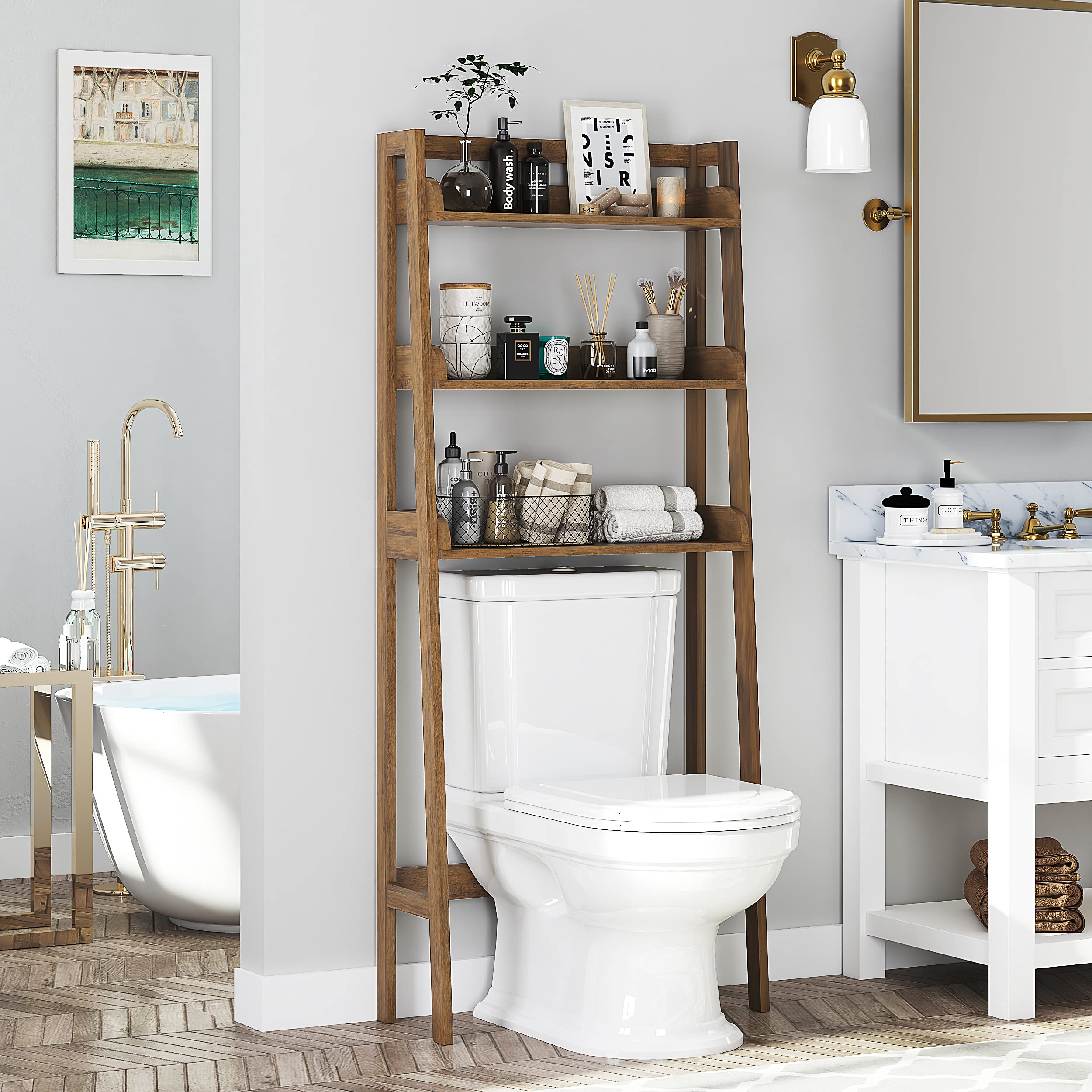 UTEX over-the-toilet shelf side view showcasing slim profile for compact bathrooms.