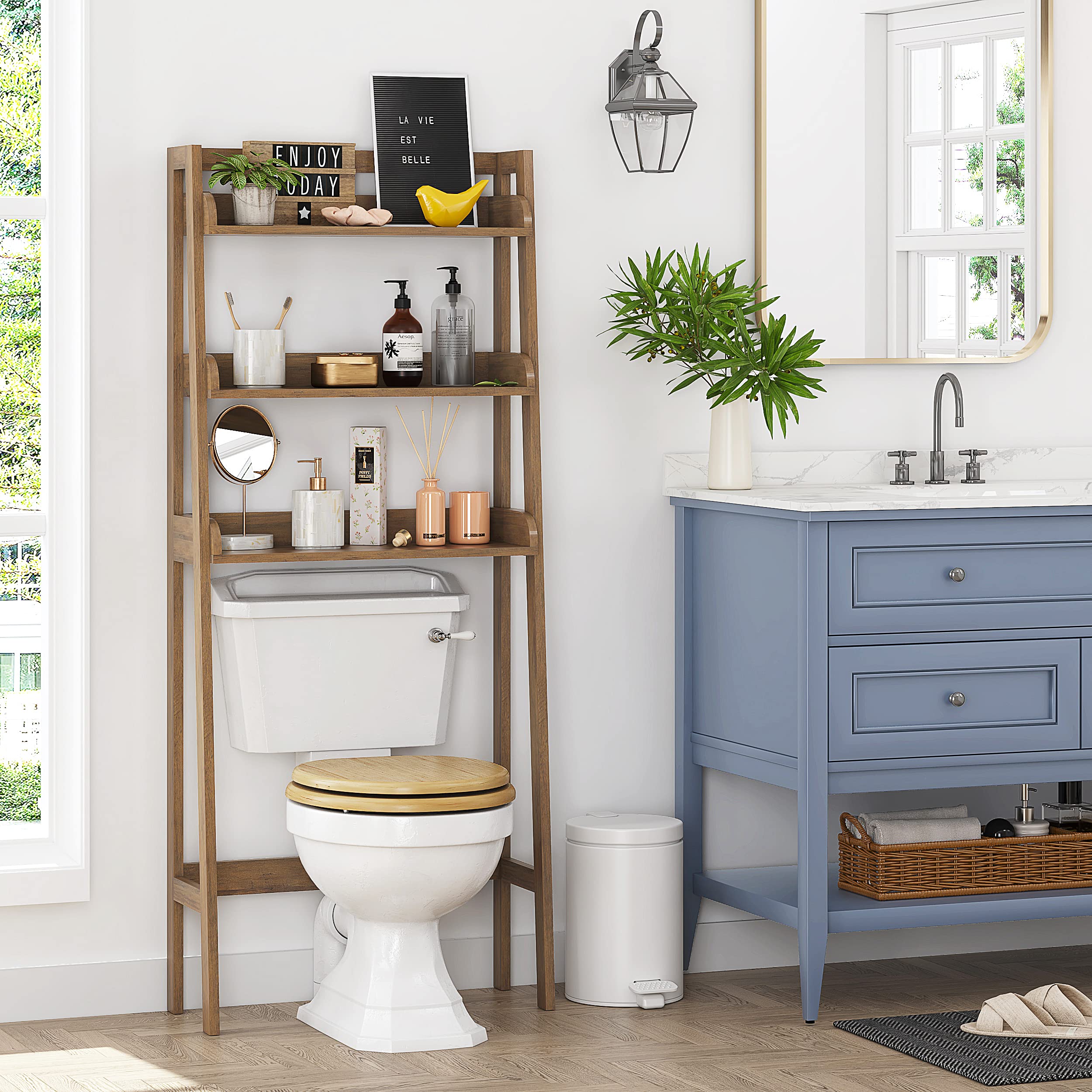 UTEX over-the-toilet shelf towel storage on top tier for easy access.