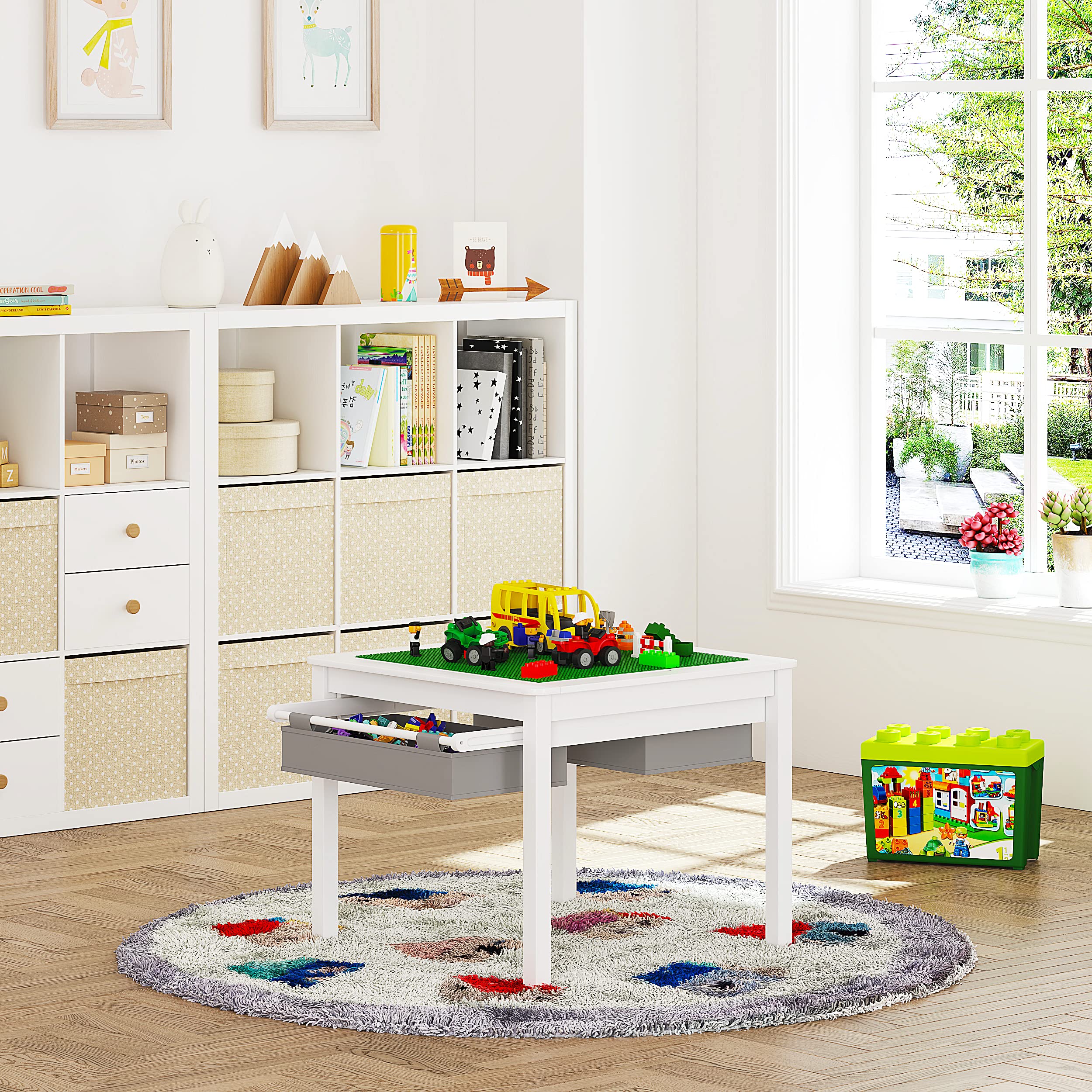 UTEX wooden play table with storage drawers keeps blocks organized and accessible.