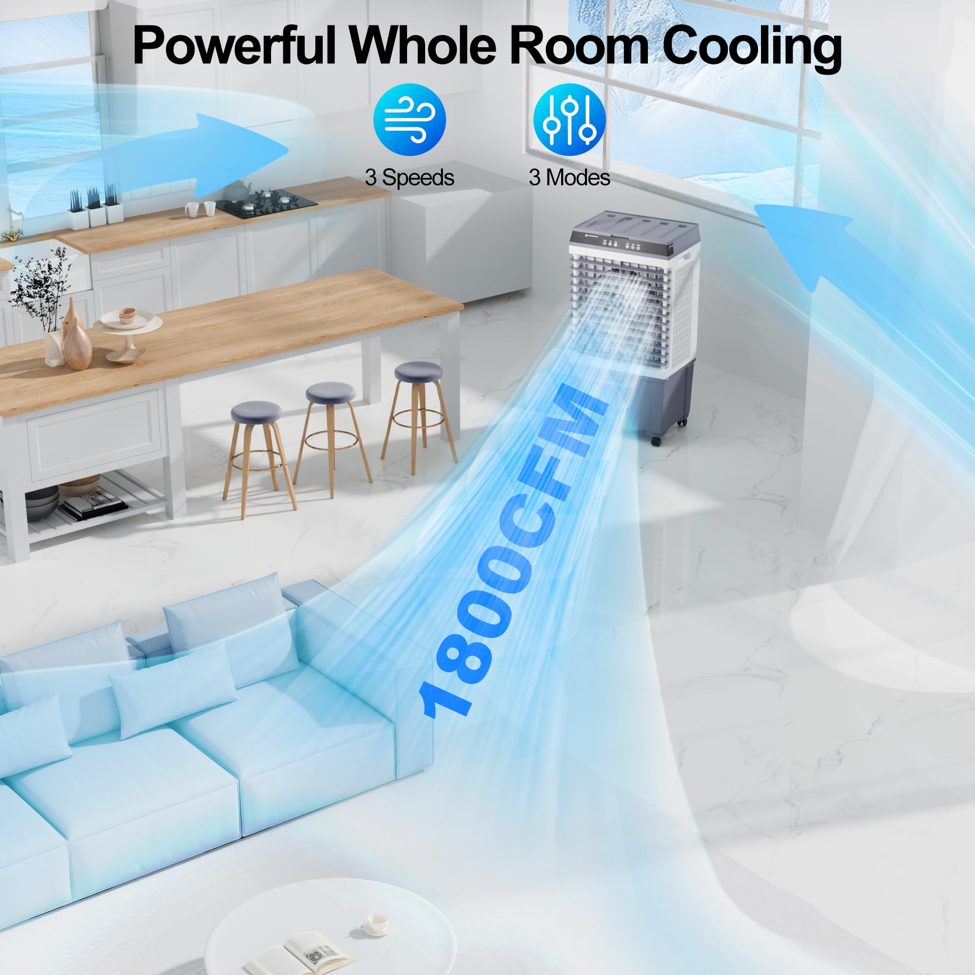 Uthfy evaporative cooler side panel highlights compact footprint for tight spaces.