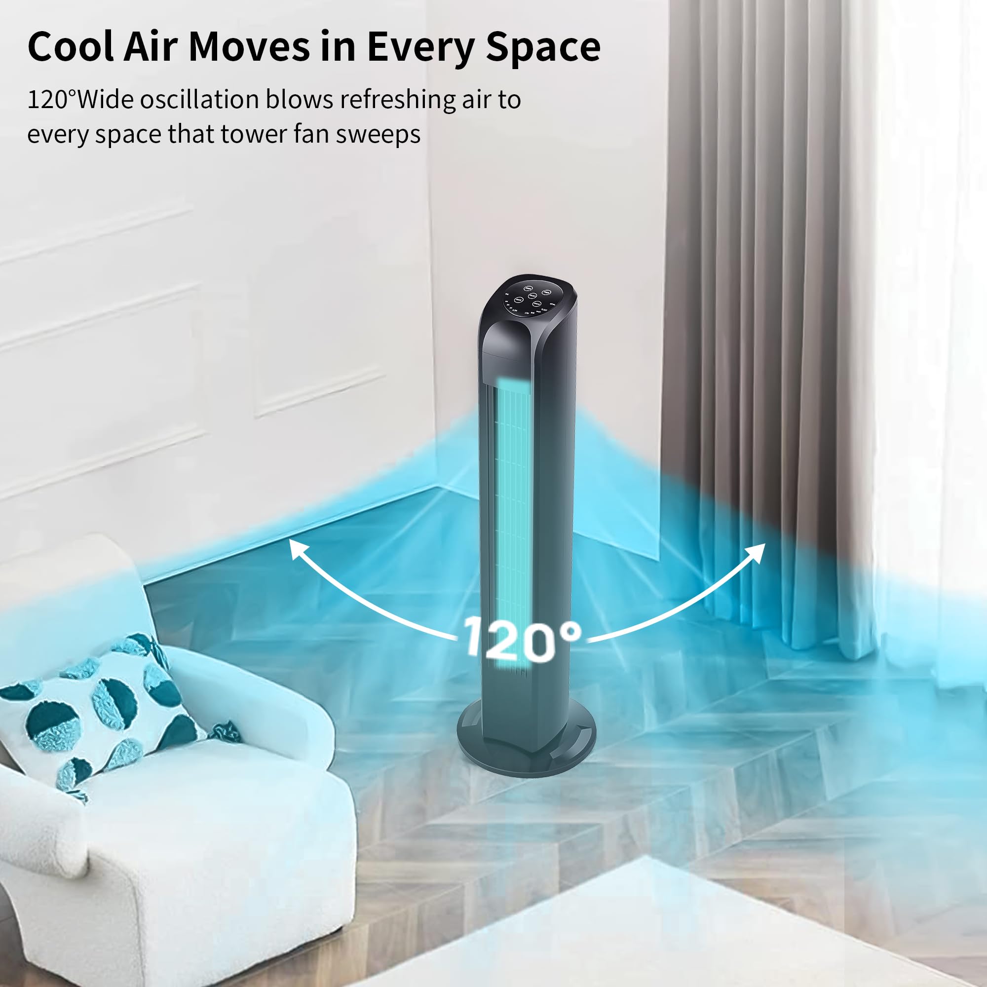 Uthfy Tower Fan in a bedroom setup showing space-saving placement.