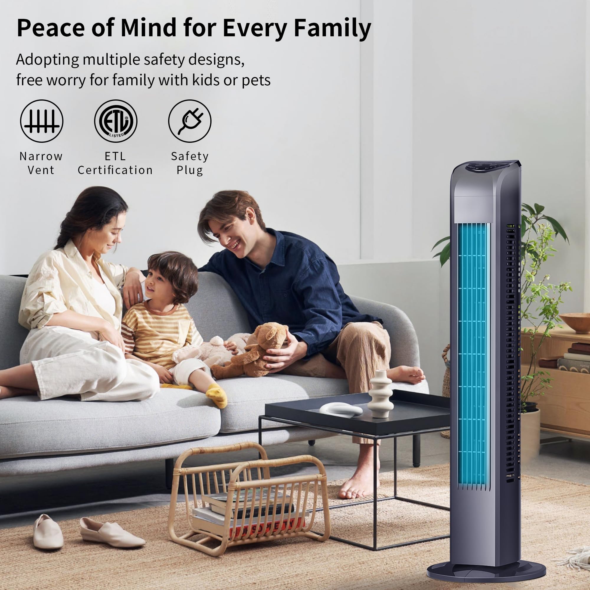 Uthfy Tower Fan demonstrates energy-efficient cooling in a compact layout.