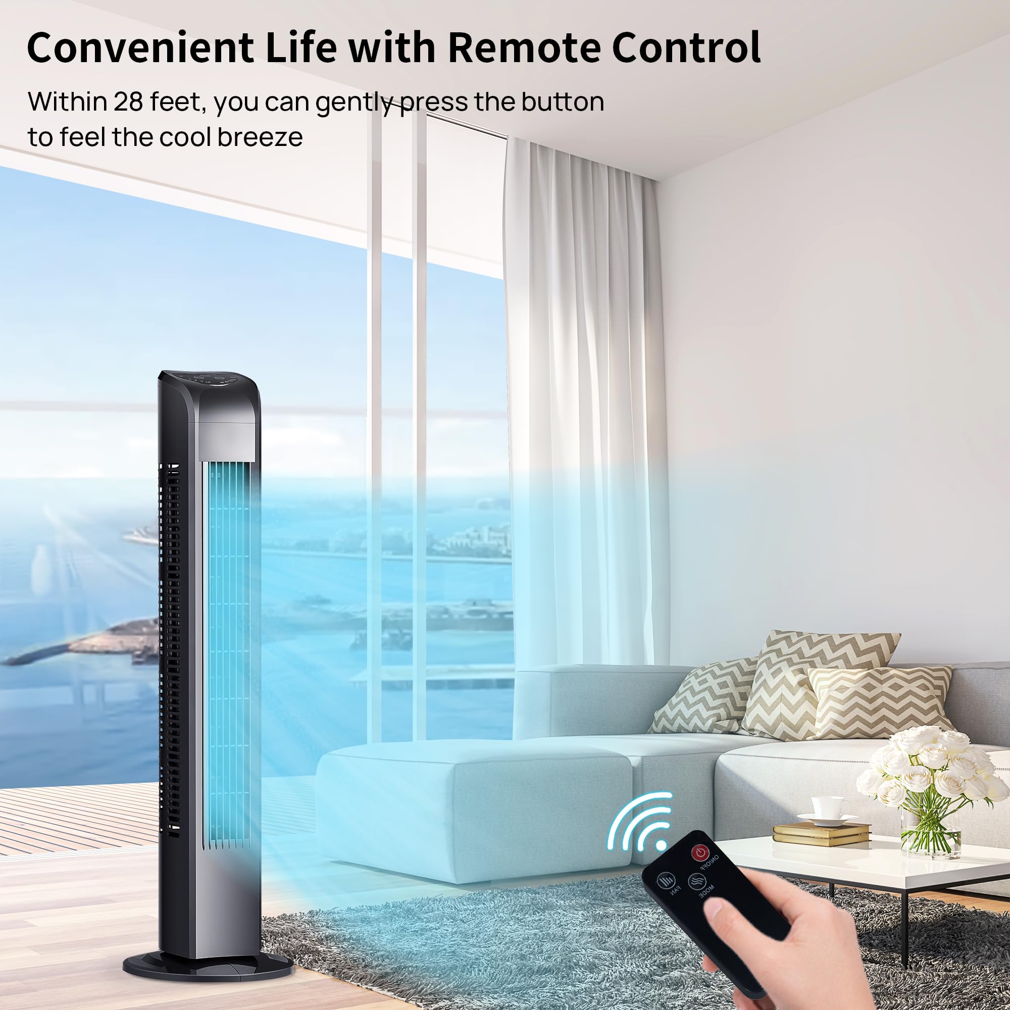 Uthfy Tower Fan remote control in use for convenient adjustments.