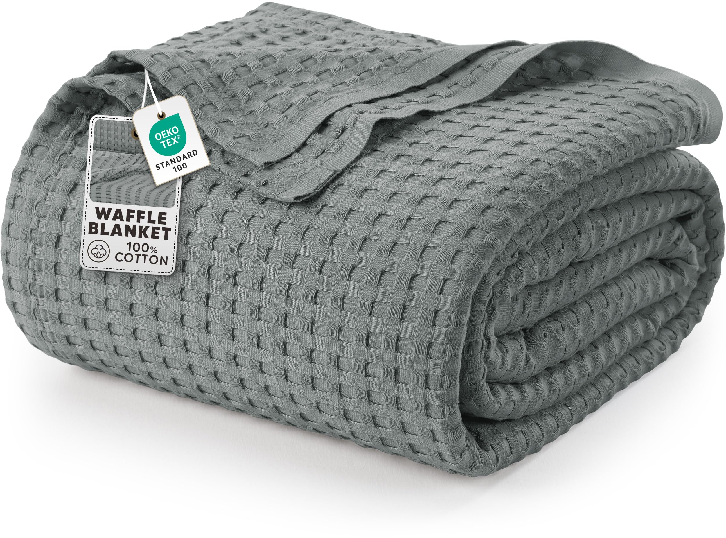 Utopia Bedding 100% cotton waffle blanket in cool grey on a bed for breathable comfort.