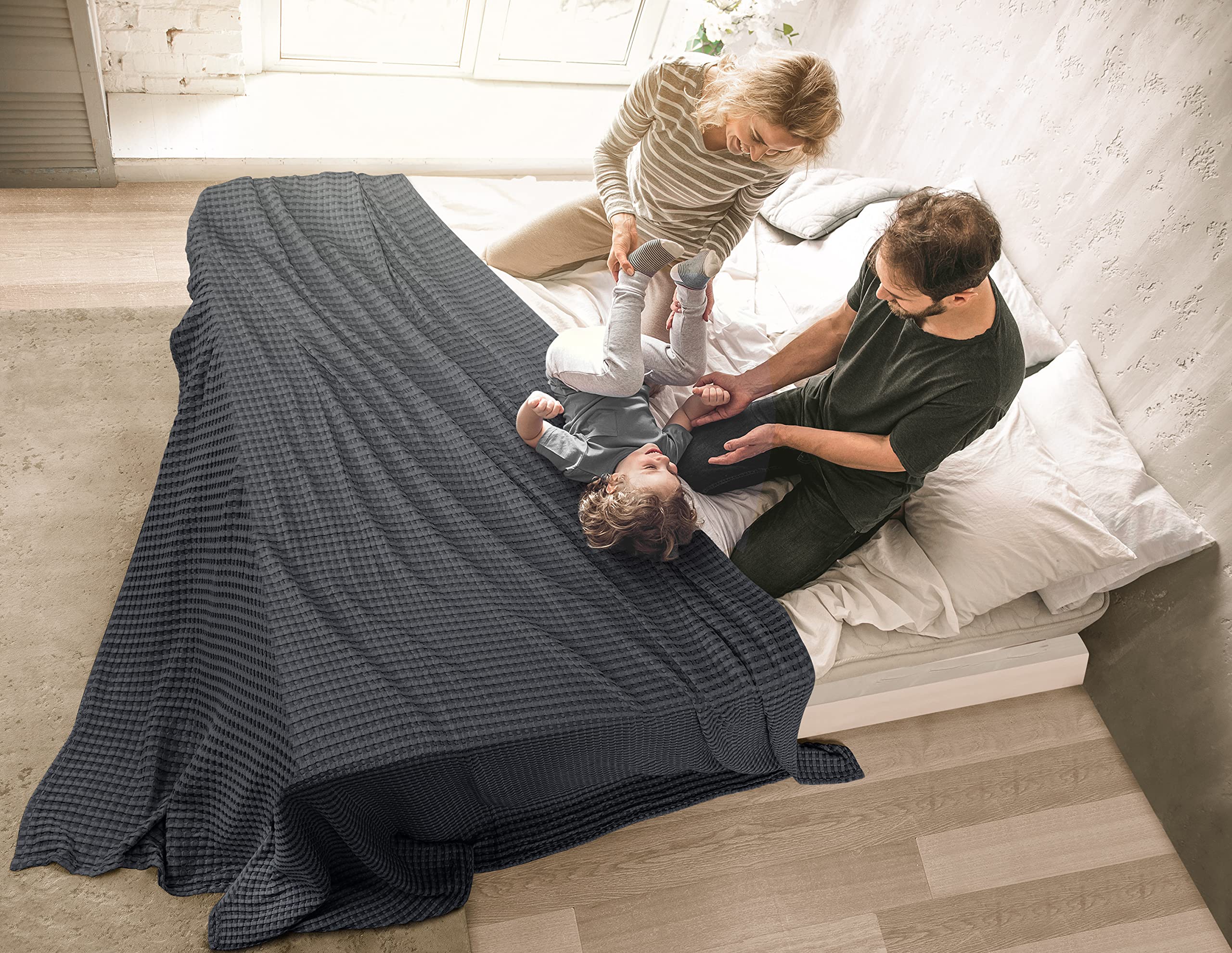 Utopia Bedding waffle blanket on couch as a cozy living room layer.