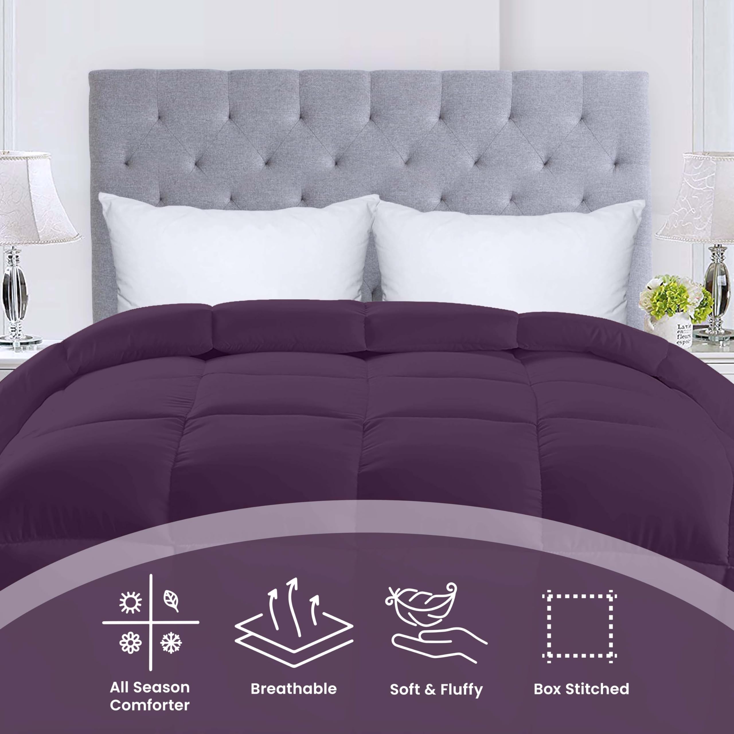 Utopia Bedding box-stitch plum comforter highlights crisp piped edges and secure fill.