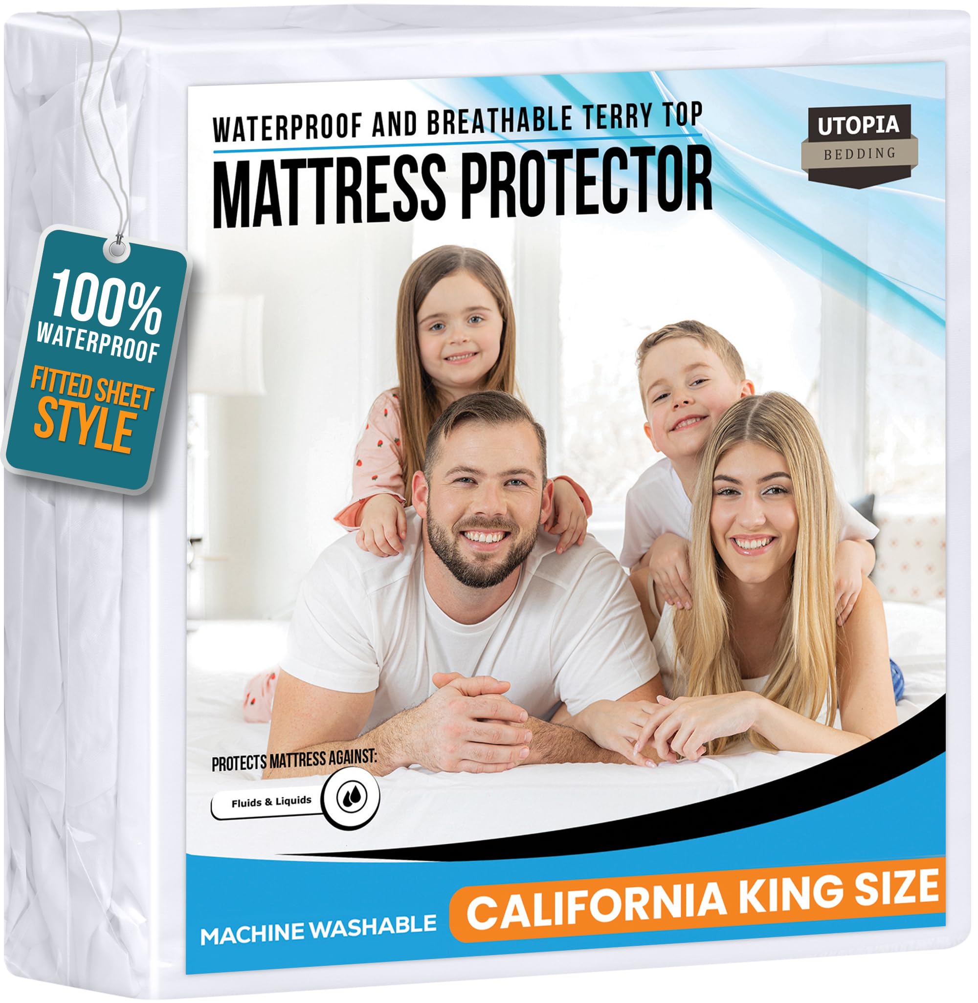 Utopia Bedding California King protector on bed with secure deep-pocket fit.