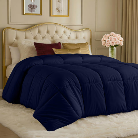 Utopia Bedding comforter navy folded, highlighting all-season king duvet insert for year-round warmth.
