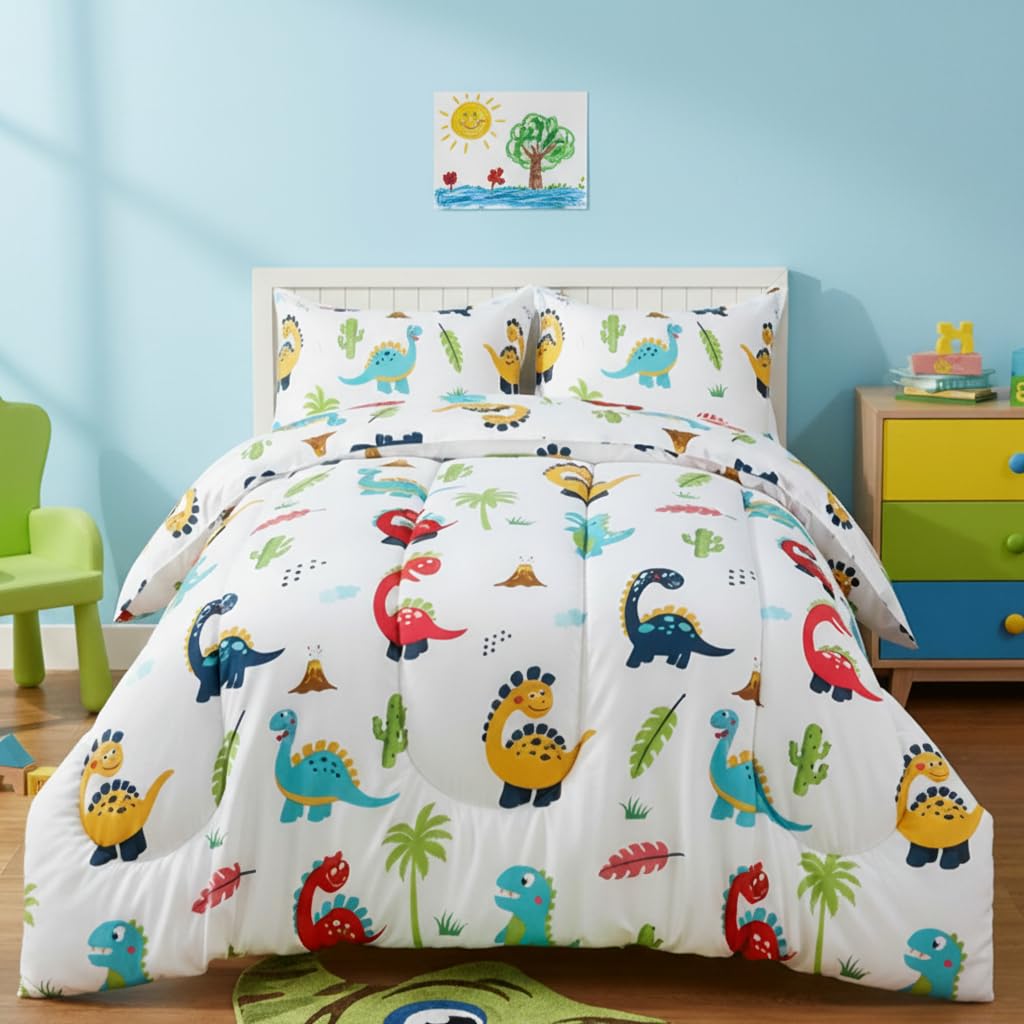 Utopia Bedding dinosaur comforter set front view promotes a cozy kids' room.