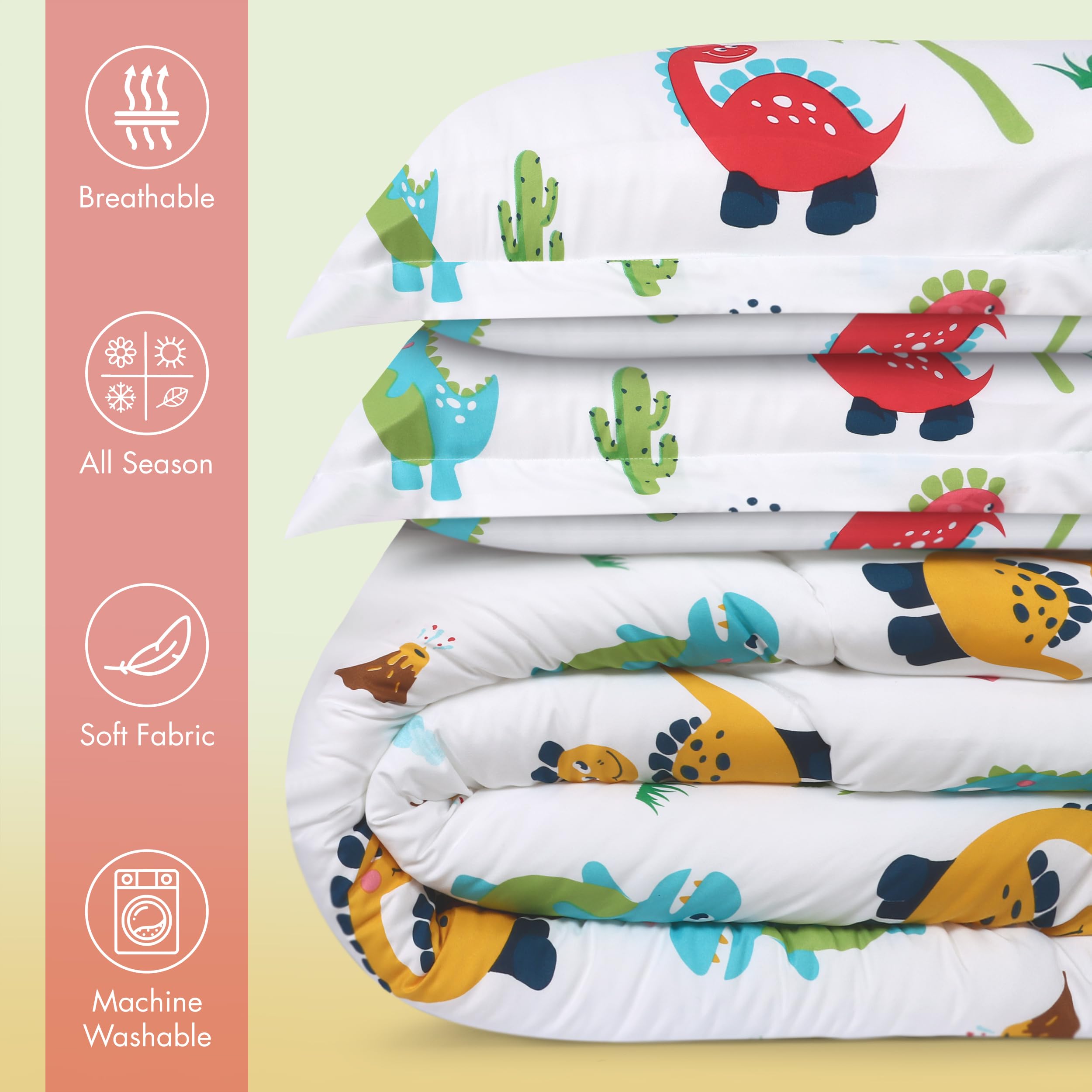 Utopia Bedding dinosaur comforter set packaging highlights lightweight, easy care textiles.