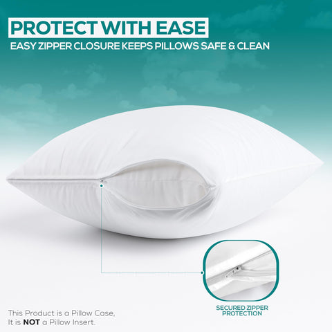 Pillow cover by Utopia Bedding illustrating dust mite protection in a neutral bedroom scene.