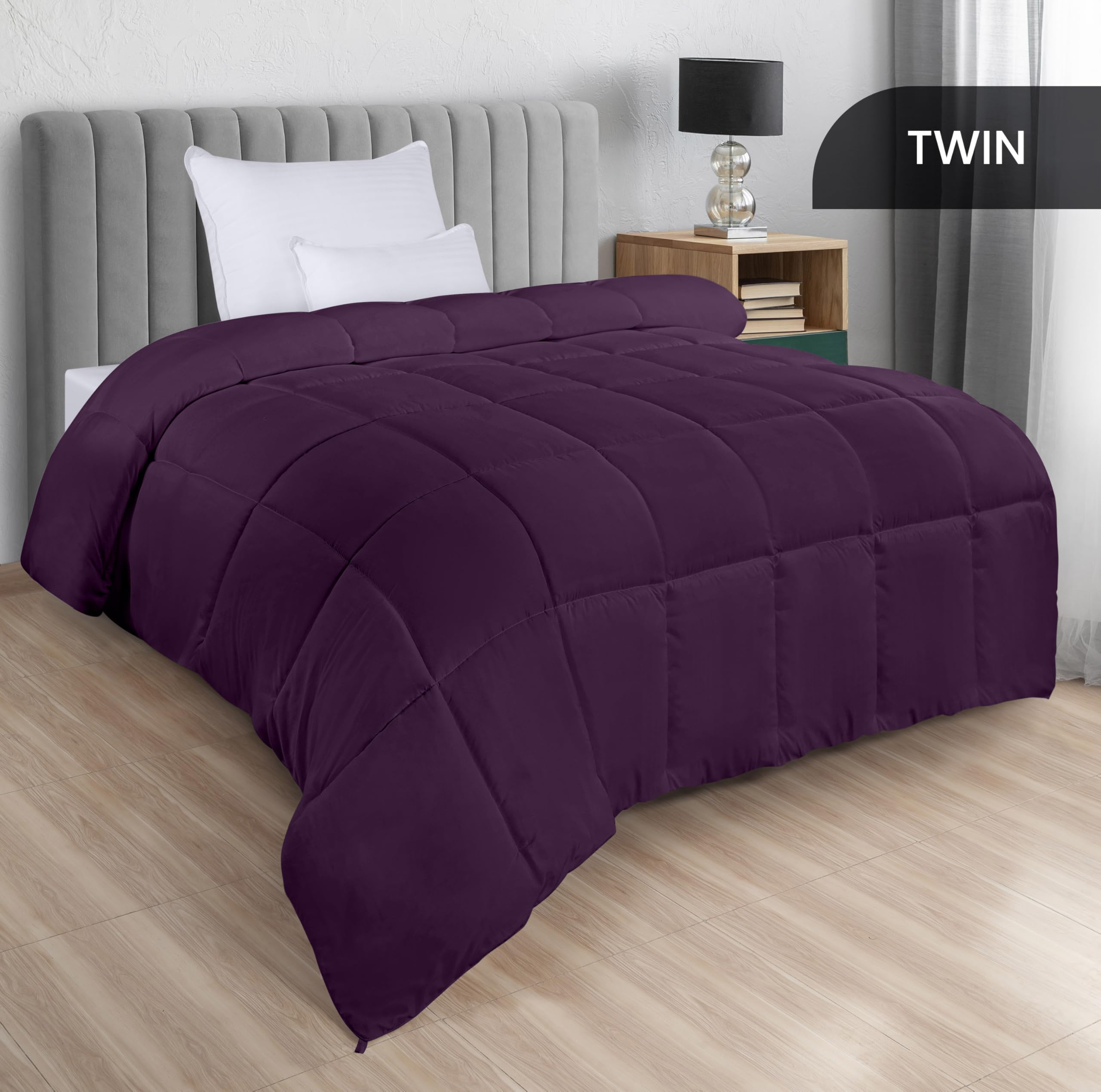 Utopia Bedding plum duvet insert in packaging emphasizes convenient all-season use.