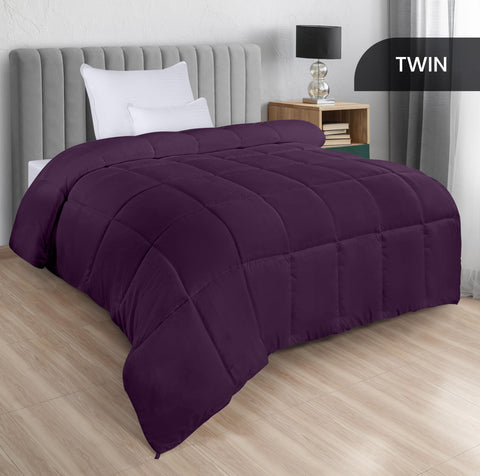 Utopia Bedding plum duvet insert in packaging emphasizes convenient all-season use.