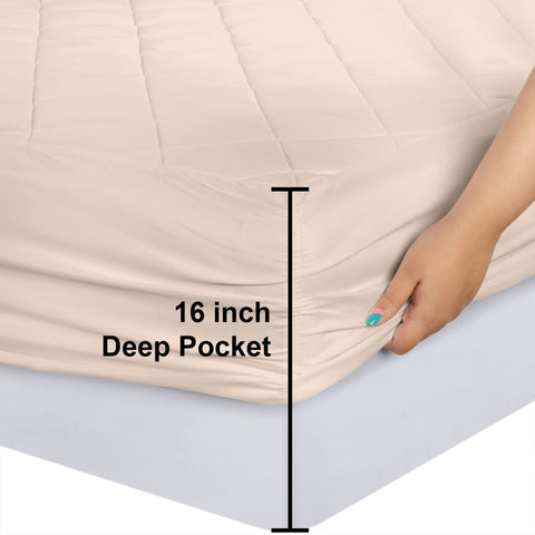 Elastic edge of Utopia Bedding fitted pad securing it around a deep mattress.