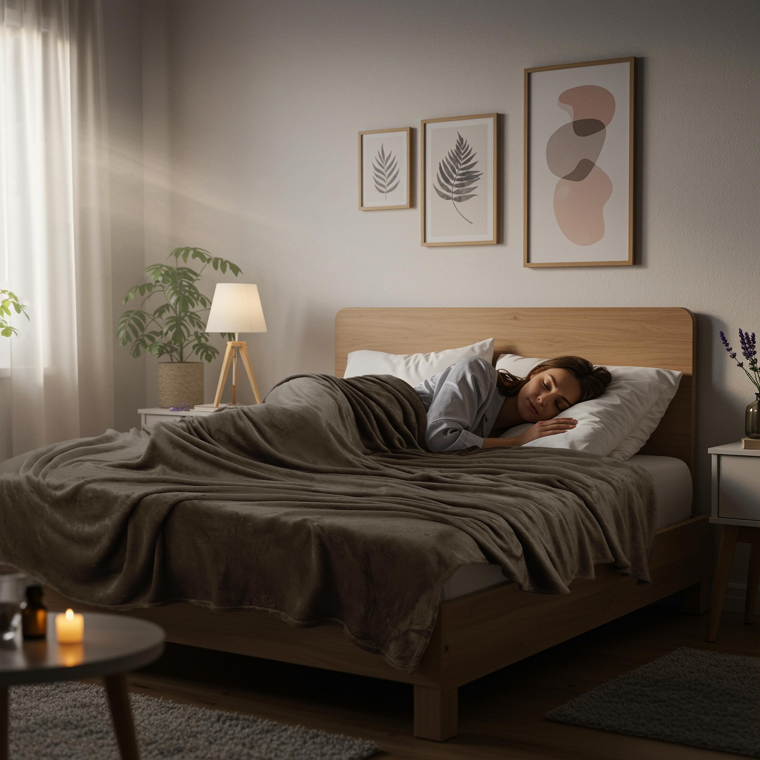 Utopia Bedding brown blanket piled beside a reading lamp.