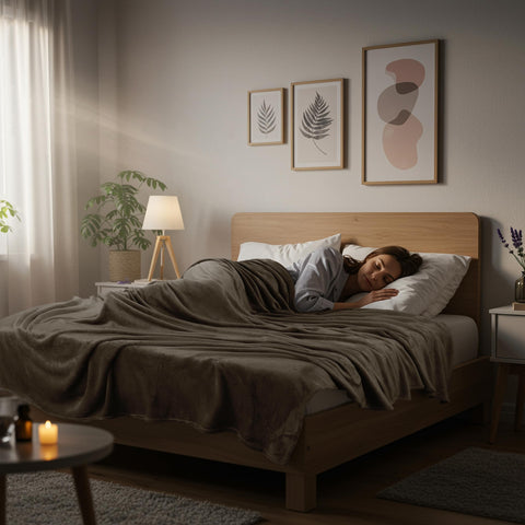 Utopia Bedding brown blanket piled beside a reading lamp.