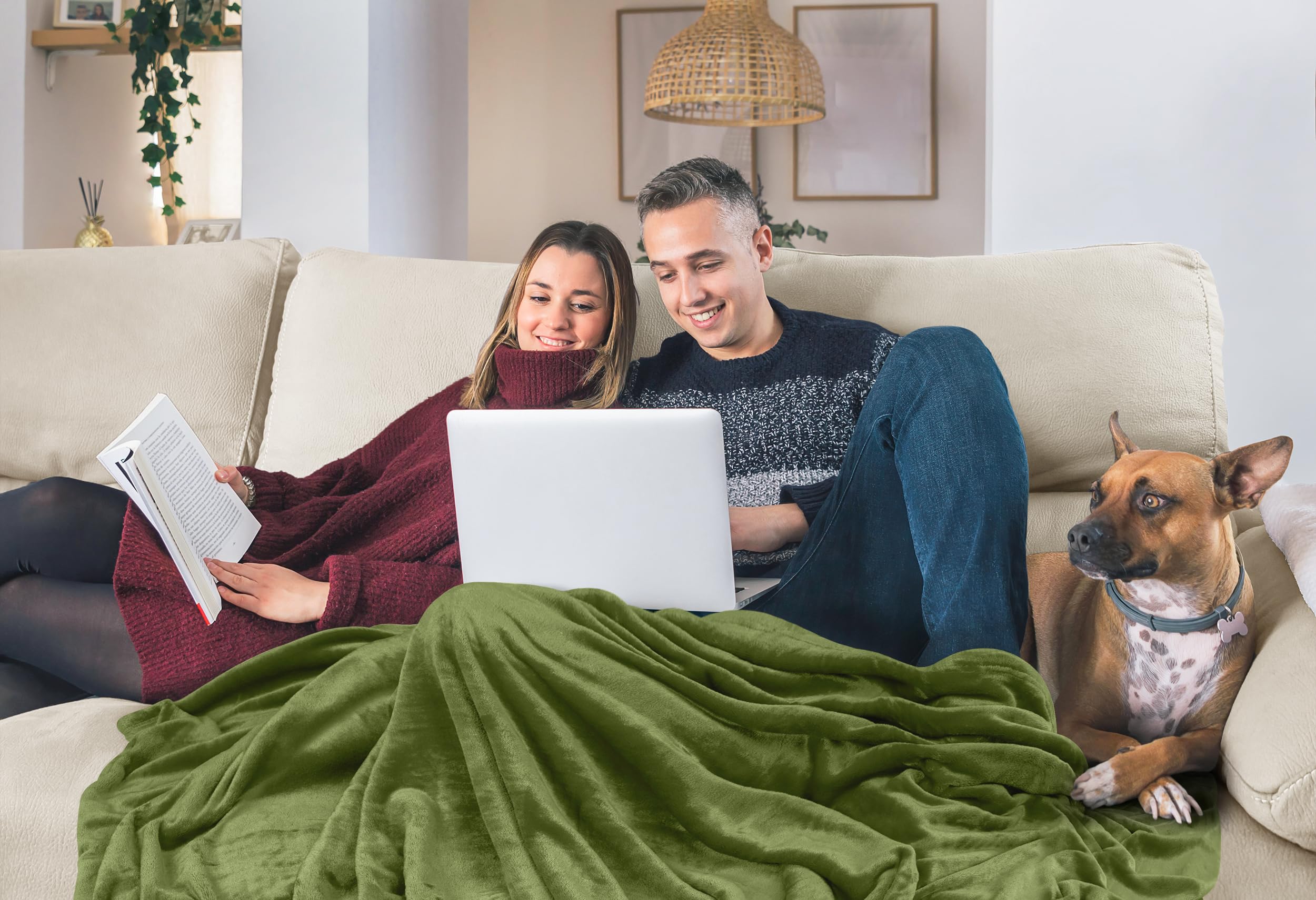 Utopia Bedding olive fleece blanket lifestyle room in warm olive tones