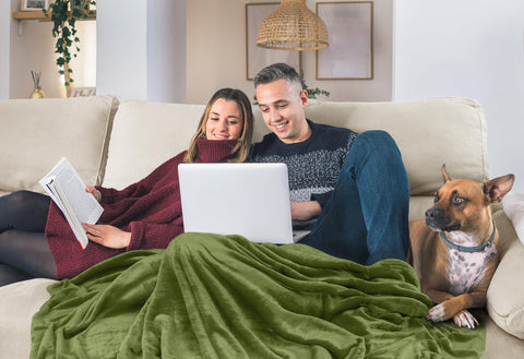 Utopia Bedding olive fleece blanket lifestyle room in warm olive tones