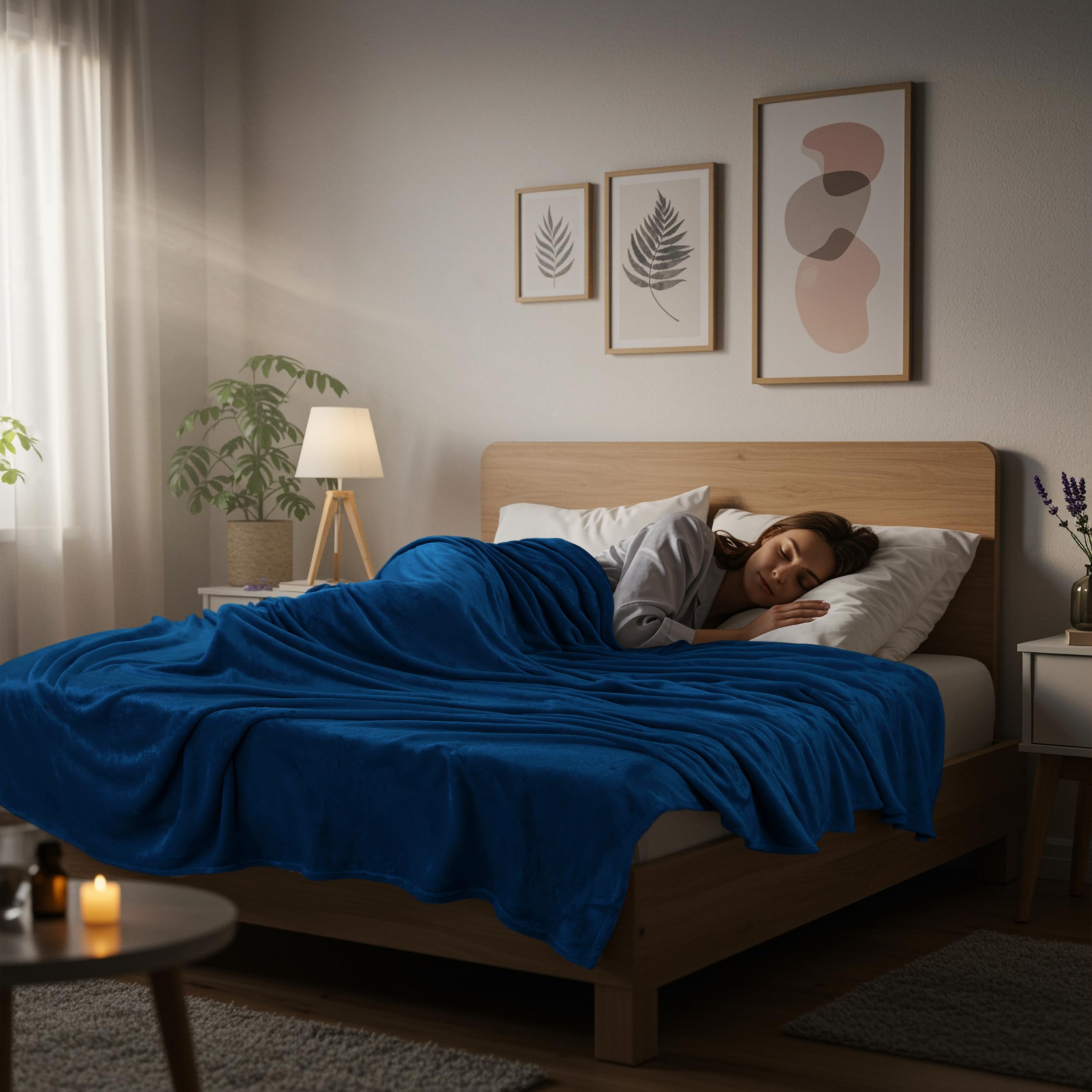 Utopia Bedding fleece blanket on bed in navy boosts bedroom elegance.