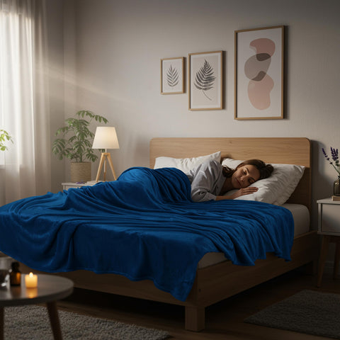 Utopia Bedding fleece blanket on bed in navy boosts bedroom elegance.