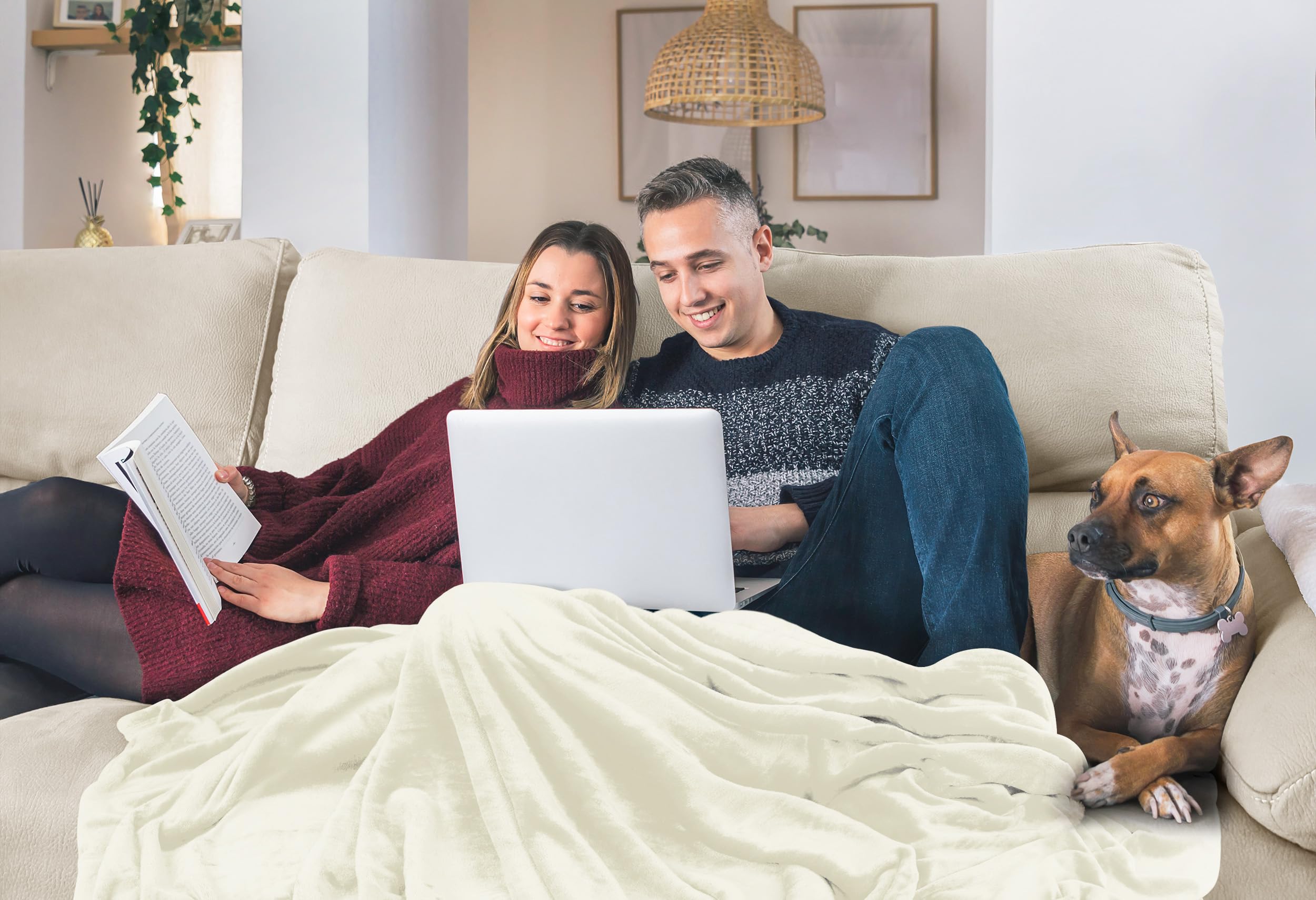 Utopia Bedding fleece blanket ivory draped on sofa for relaxed evenings.