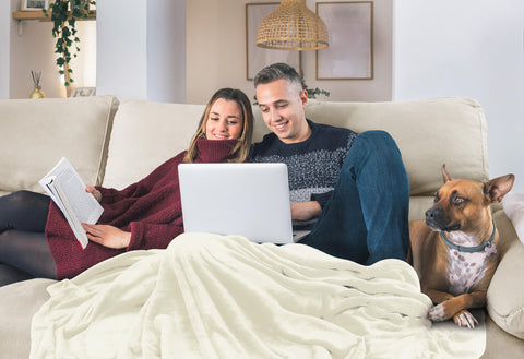 Utopia Bedding fleece blanket ivory draped on sofa for relaxed evenings.