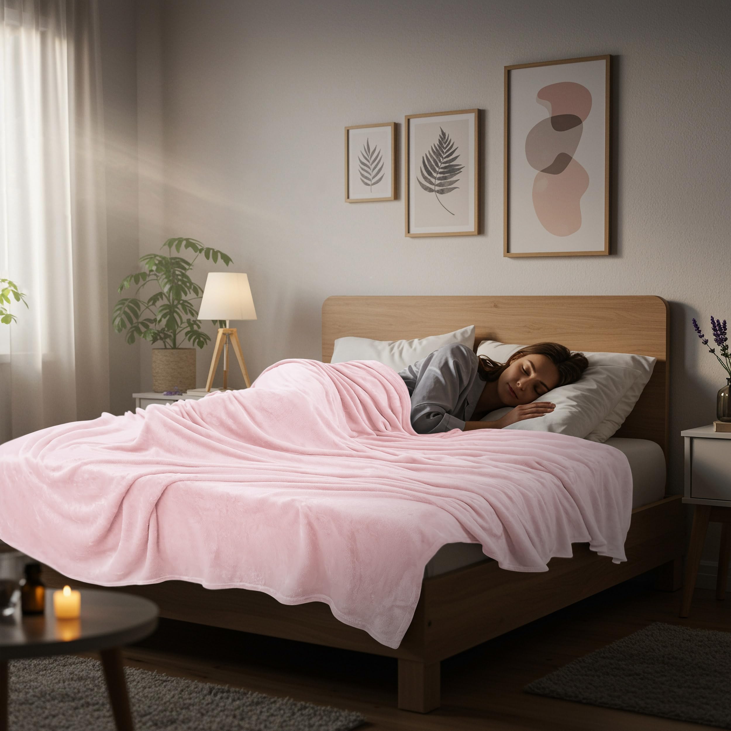 Care label on pink Utopia Bedding fleece blanket indicating machine washable convenience.