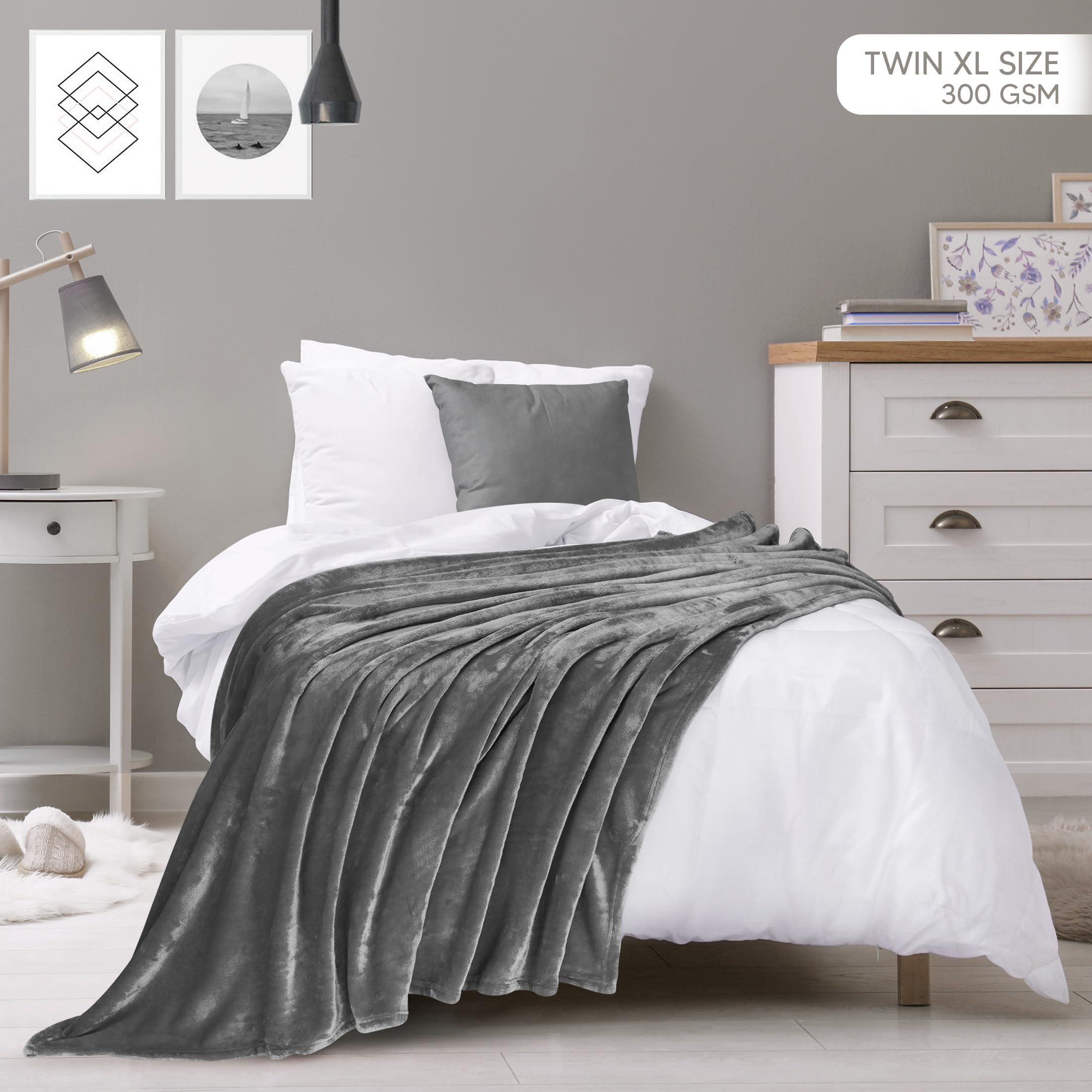 Utopia Bedding fleece blanket Twin XL grey on bed complements dorm decor