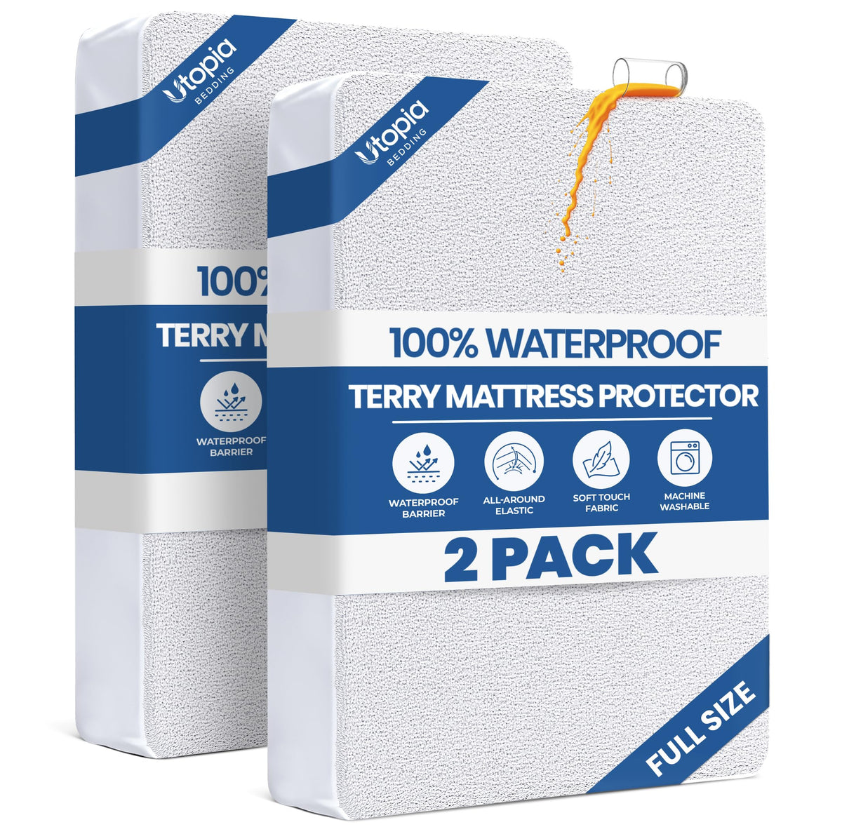 Utopia Bedding full-size waterproof mattress protector 2-pack protects against spills and stains.