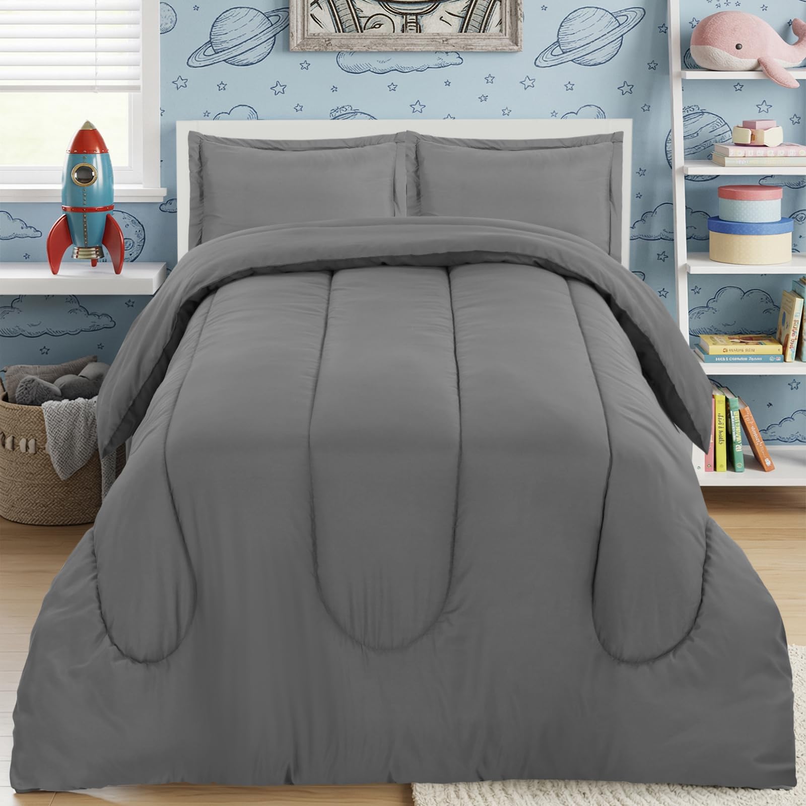 Utopia Bedding grey kids comforter set on a twin bed with a soft microfiber finish