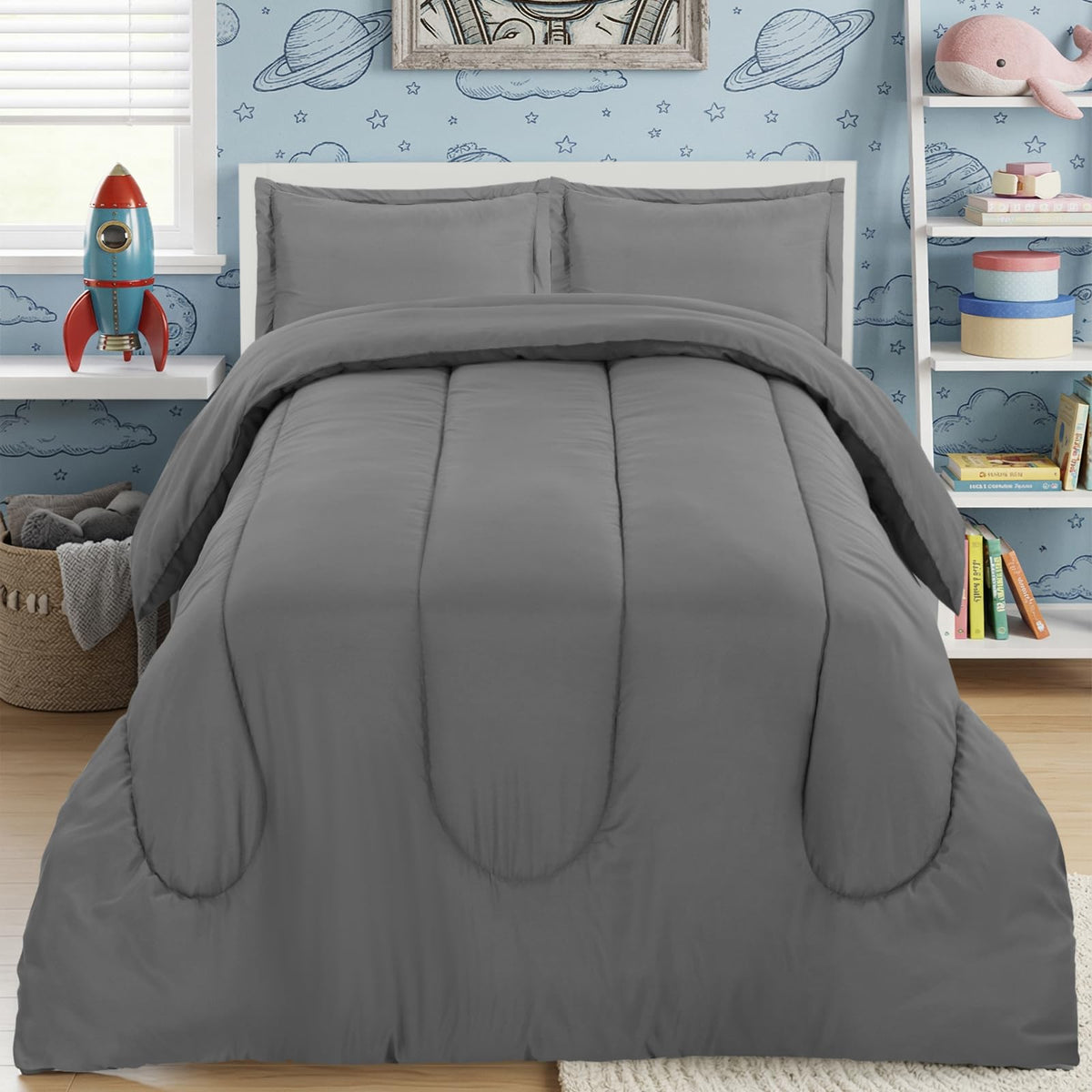 Utopia Bedding grey kids comforter set on a twin bed with a soft microfiber finish