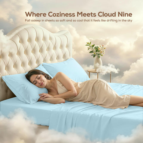 Utopia Bedding ice blue-tone sheets add a cooling, calming look