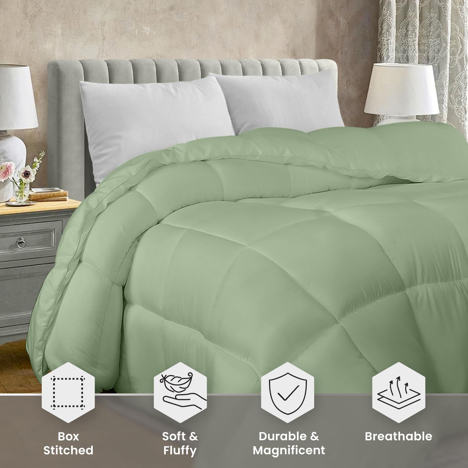 Utopia Bedding box-stitch construction with piped edges maintains loft