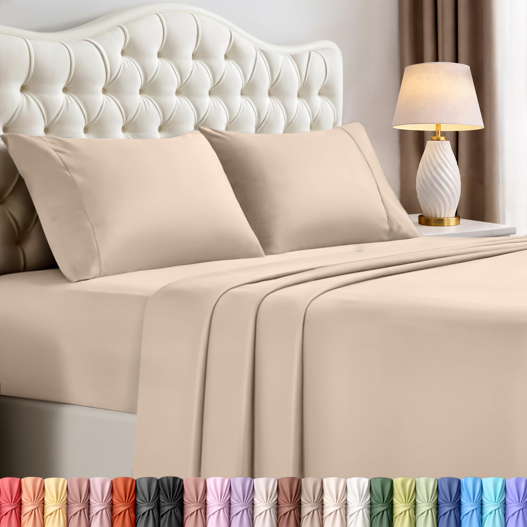 Utopia Bedding king sheet set beige packaging close-up shows four-piece durability and softness.