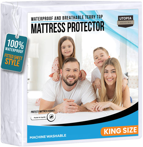 Utopia Bedding king-size mattress protector front view with waterproof terry top for spill protection