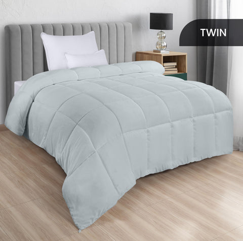 Utopia Bedding light-grey duvet close-up highlighting siliconized fiber fill.