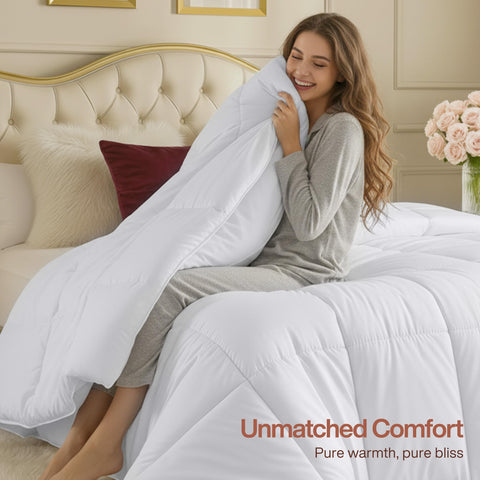 Care tag on Utopia Bedding comforter showing machine washable guidance