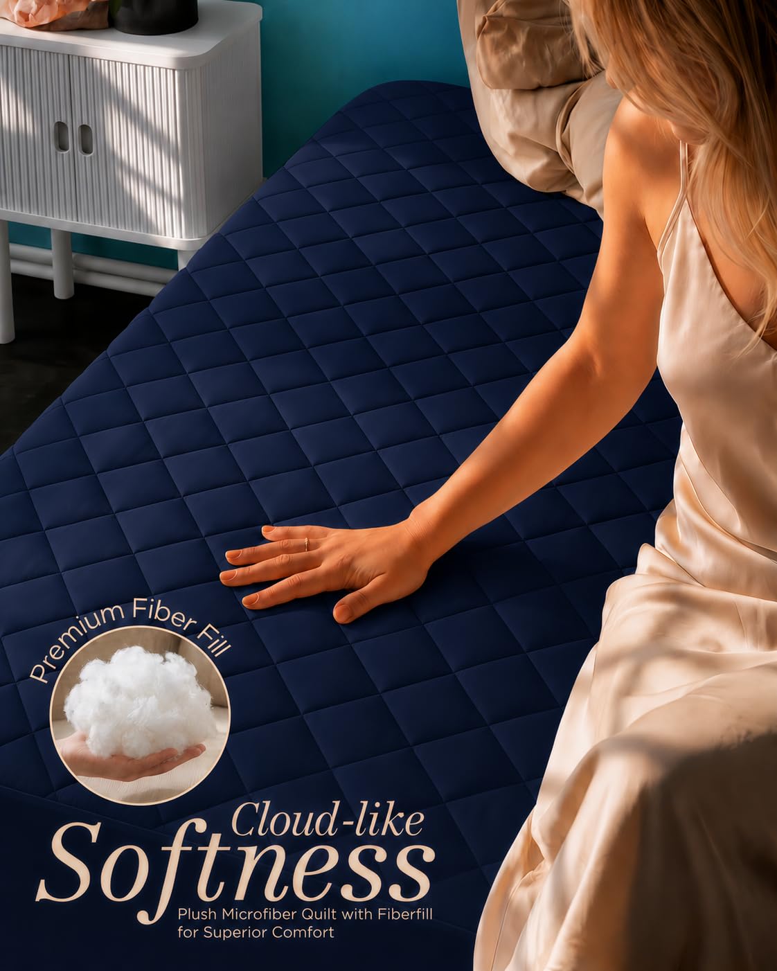 Utopia Bedding machine washable mattress pad in navy ready for washing