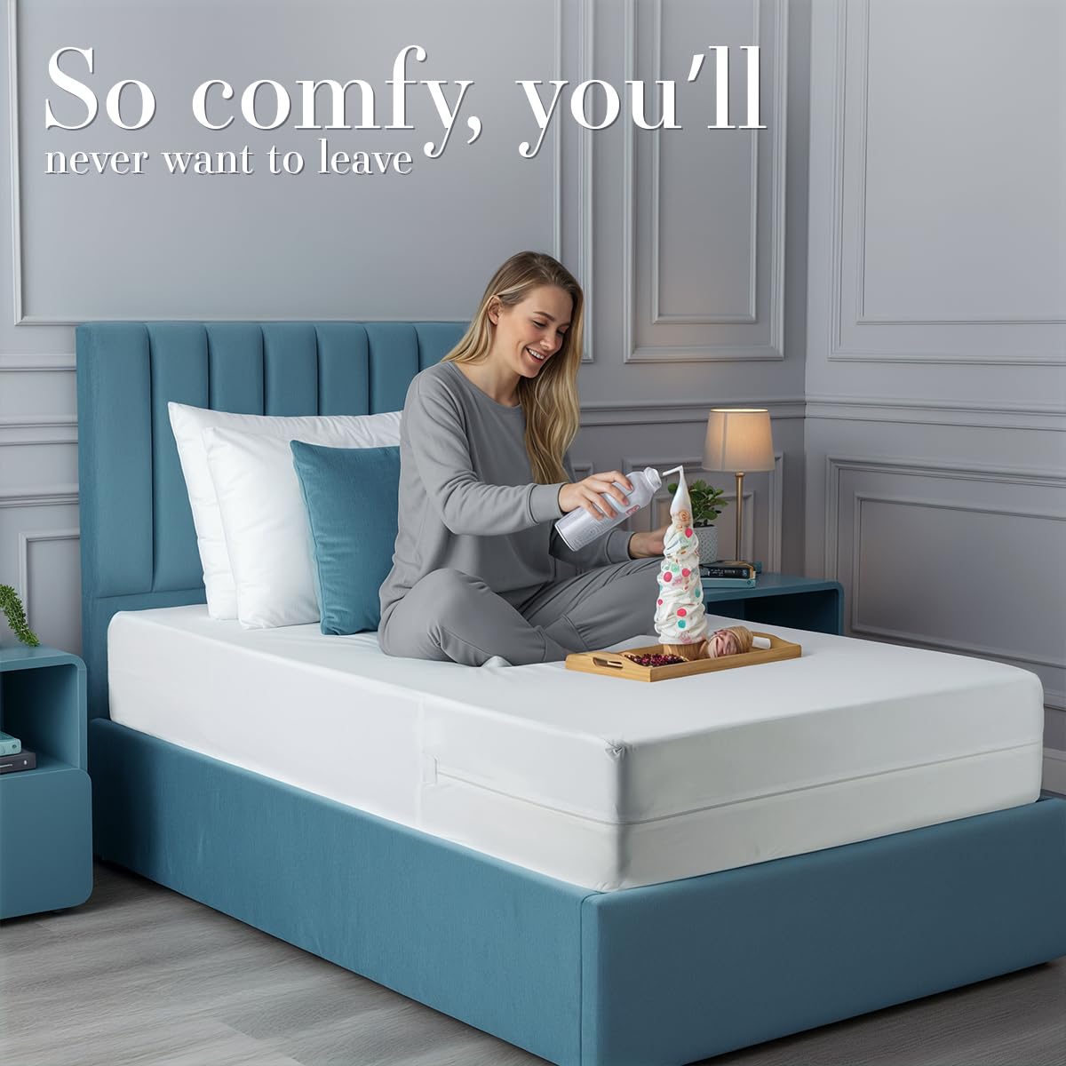 Family using protector on bed with kids and pets