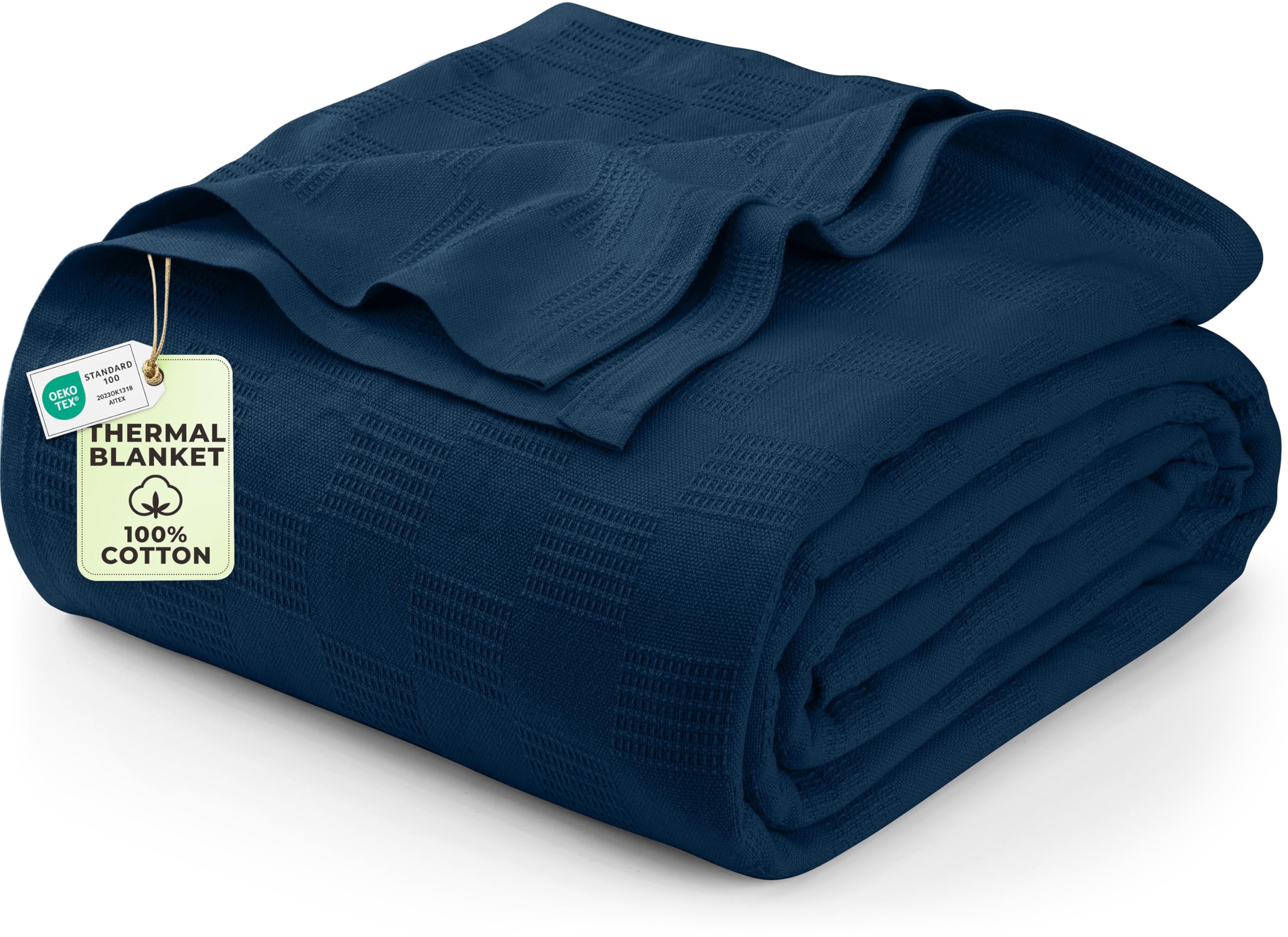 Utopia Bedding navy thermal blanket on bed offers breathable comfort.