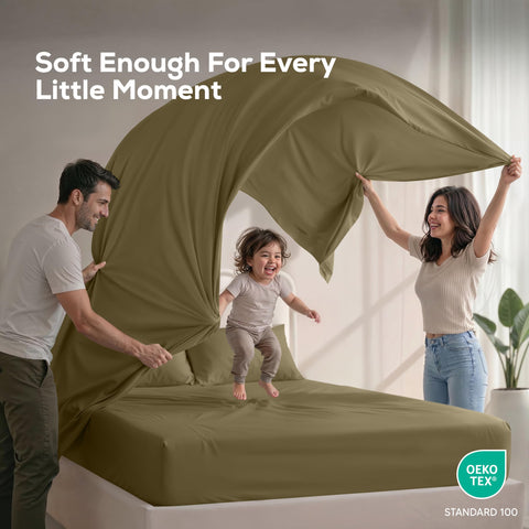 Utopia Bedding olive color option complements a modern bedroom