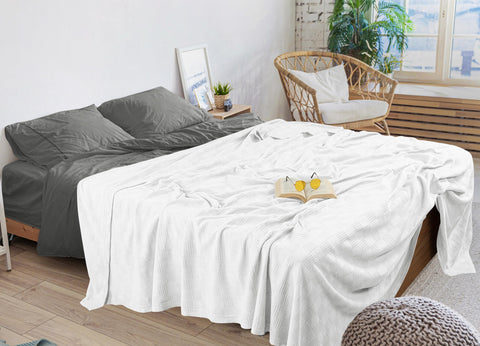 Utopia Bedding blanket spread on bed showing oversized fit and shrinkage compensation.