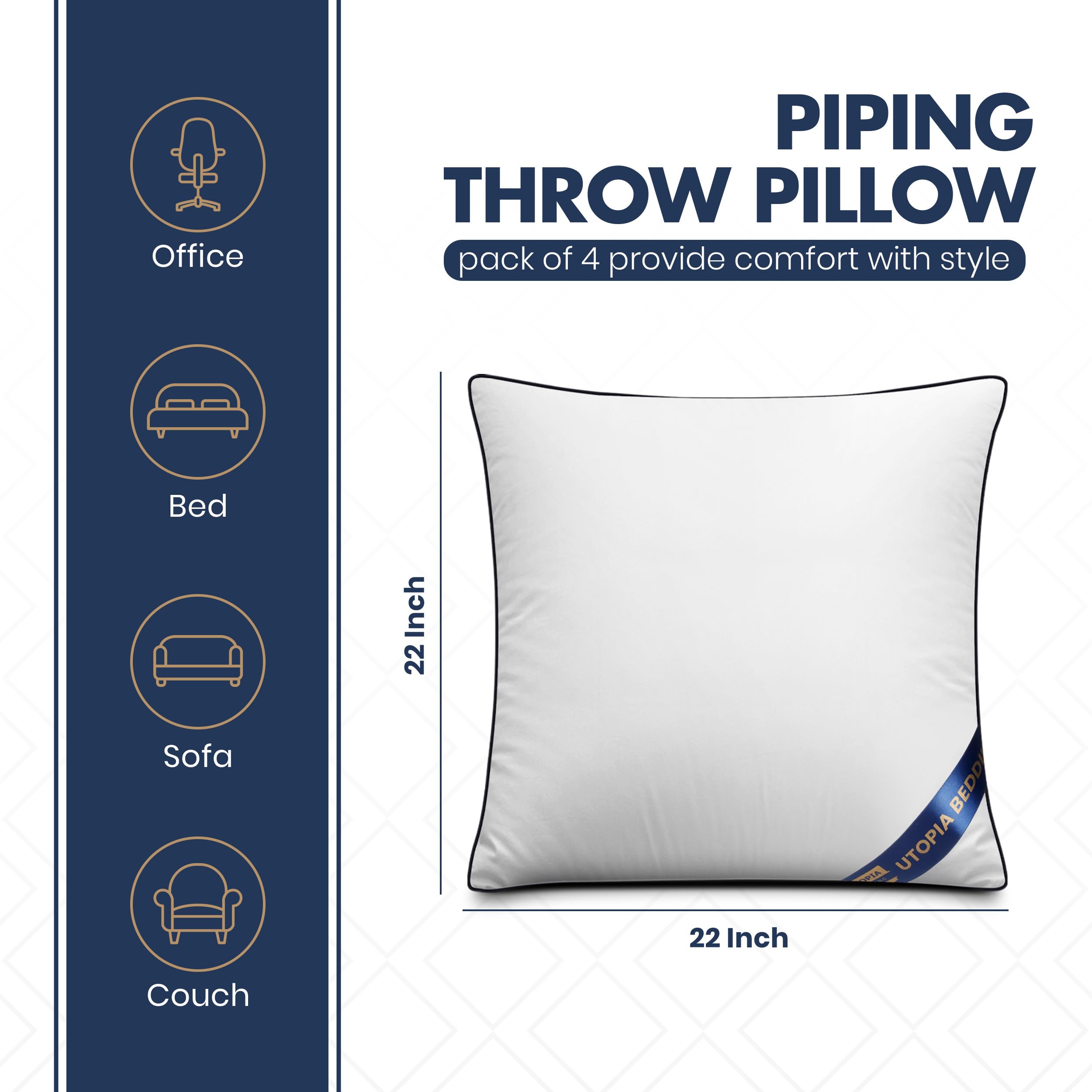 Utopia Bedding 22x22 white pillow insert designed for plush, supportive cushions.