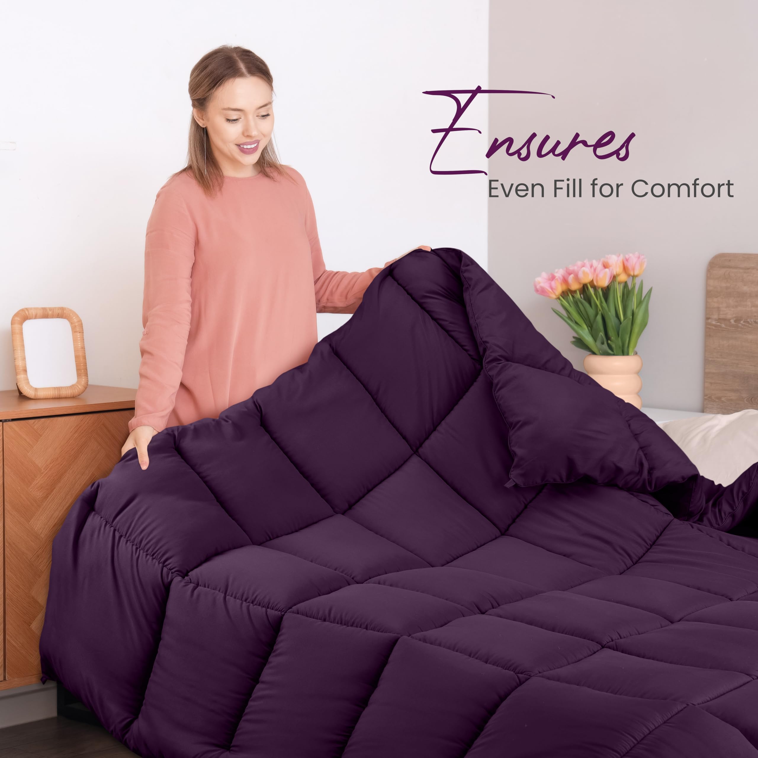Utopia Bedding plum comforter with corner tabs for easy duvet cover attachment.