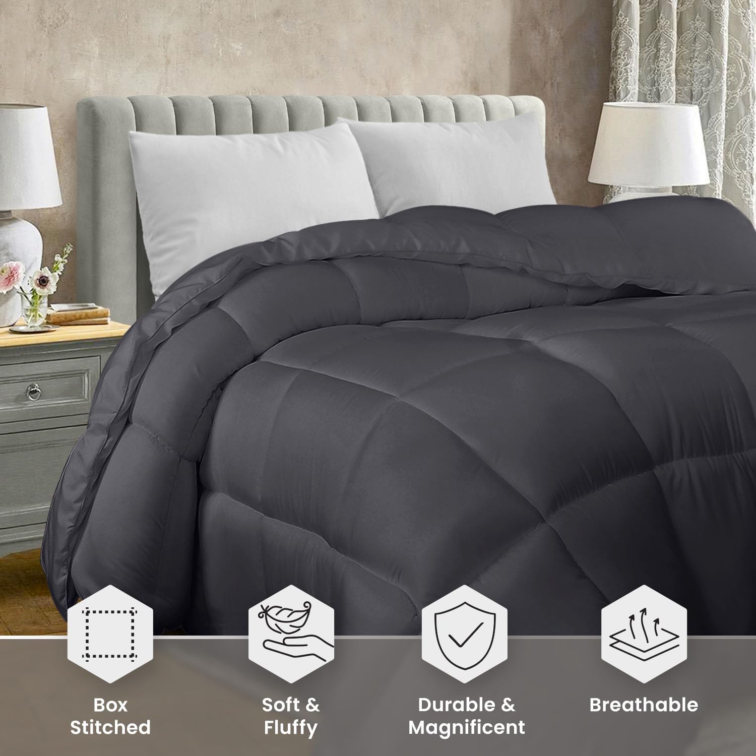 Utopia Bedding box-stitch quilt-insert displays even fill distribution for lasting loft wash after wash.