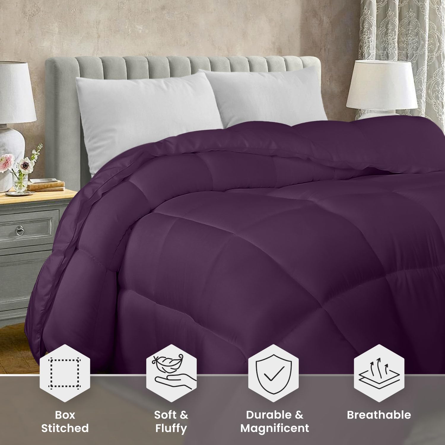 Utopia Bedding plum comforter corner tabs detail showing duvet cover secure fit.