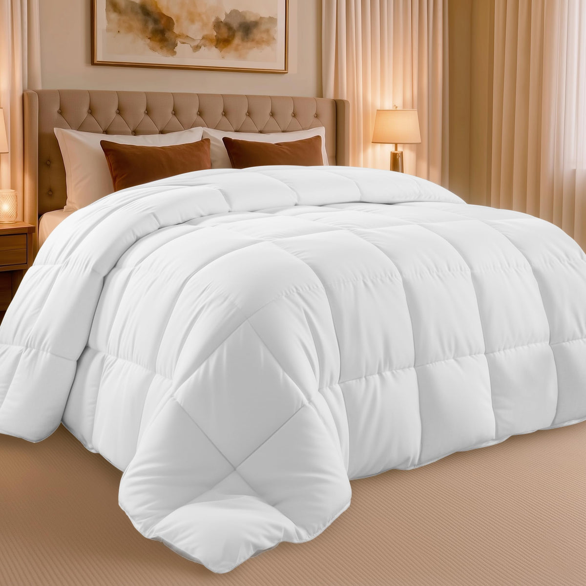 Utopia Bedding queen comforter coverage demonstrates full-bed fit with a neatly dressed duvet