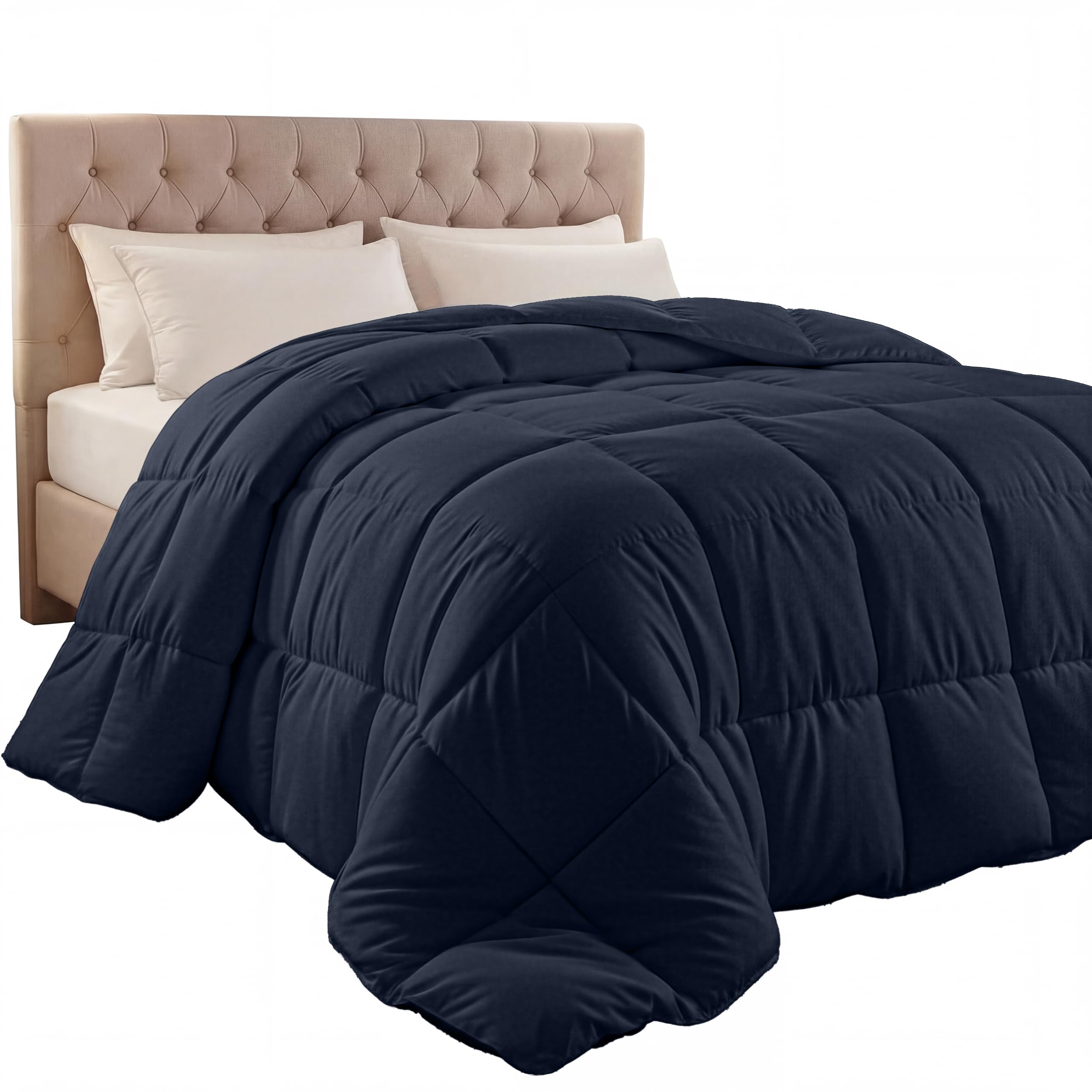 Utopia Bedding queen navy comforter closeup shows even box-stitch loft